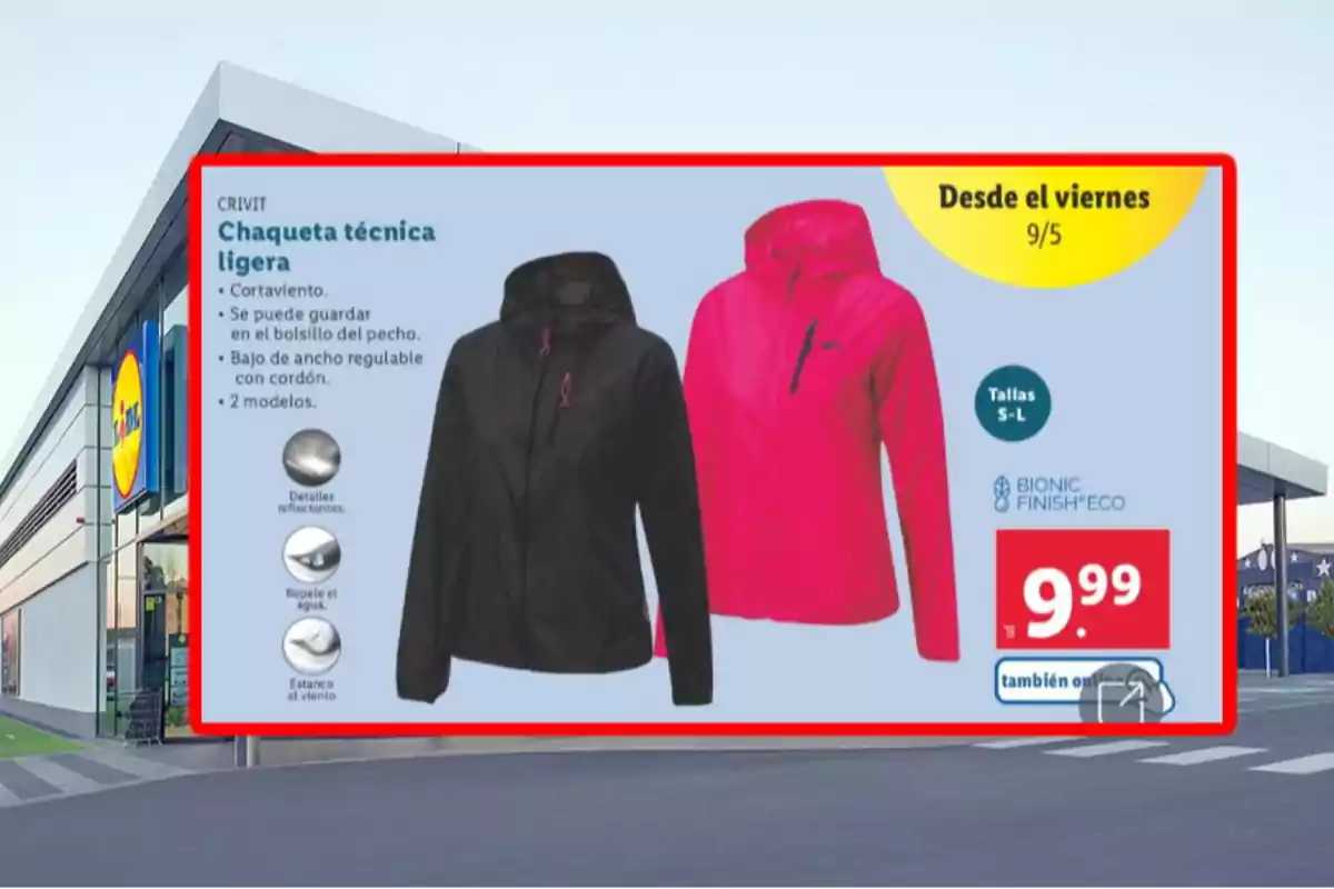 Anuncio de chaquetas técnicas ligeras de la marca Crivit en dos modelos, negro y rosa, con características como cortaviento, repelente al agua y detalles reflectantes, disponibles en tallas S a L por 9,99 euros, a la venta desde el viernes 9 de mayo en una tienda Lidl. Anuncio de chaquetas técnicas ligeras de la marca Crivit en dos modelos, negro y rosa, con características como cortaviento, repelente al agua y detalles reflectantes, disponibles en tallas S a L por 9,99 euros, a la venta desde el viernes 9 de mayo en una tienda Lidl.