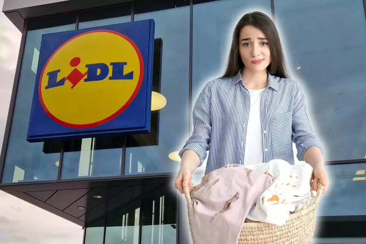 Mujer con expresión preocupada sosteniendo una canasta de ropa sucia frente a una tienda Lidl.