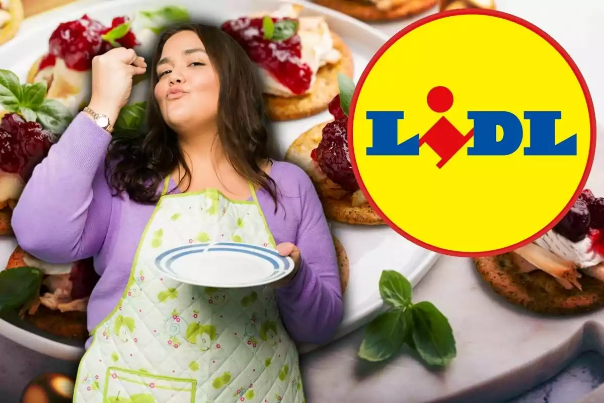 Una persona con delantal sostiene un plato vacío mientras hace un gesto de satisfacción frente a una imagen de aperitivos y el logo de Lidl.