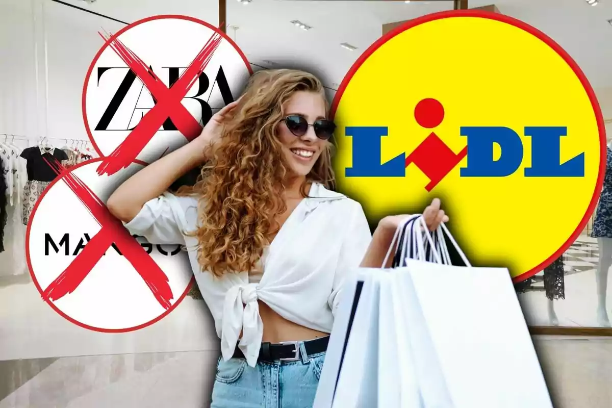 Una mujer sonriente con gafas de sol sostiene bolsas de compras frente a un fondo que muestra logotipos de tiendas, con un énfasis en el logotipo de Lidl.