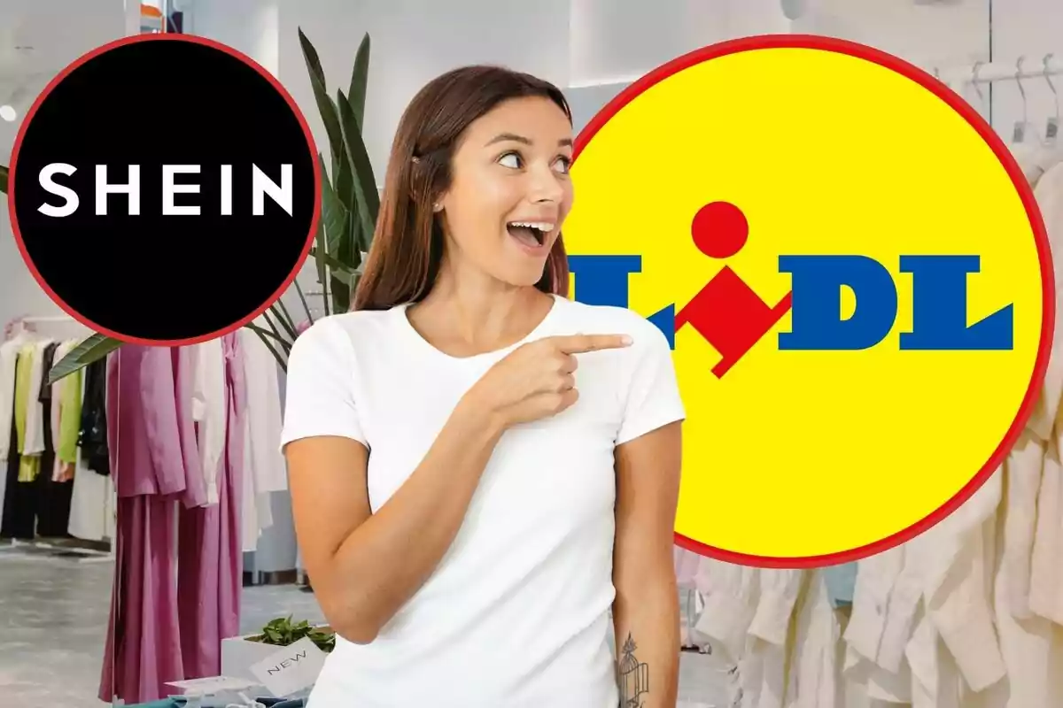 Una mujer sonriente con camiseta blanca señala hacia los logotipos de Shein y Lidl en un entorno de tienda de ropa.