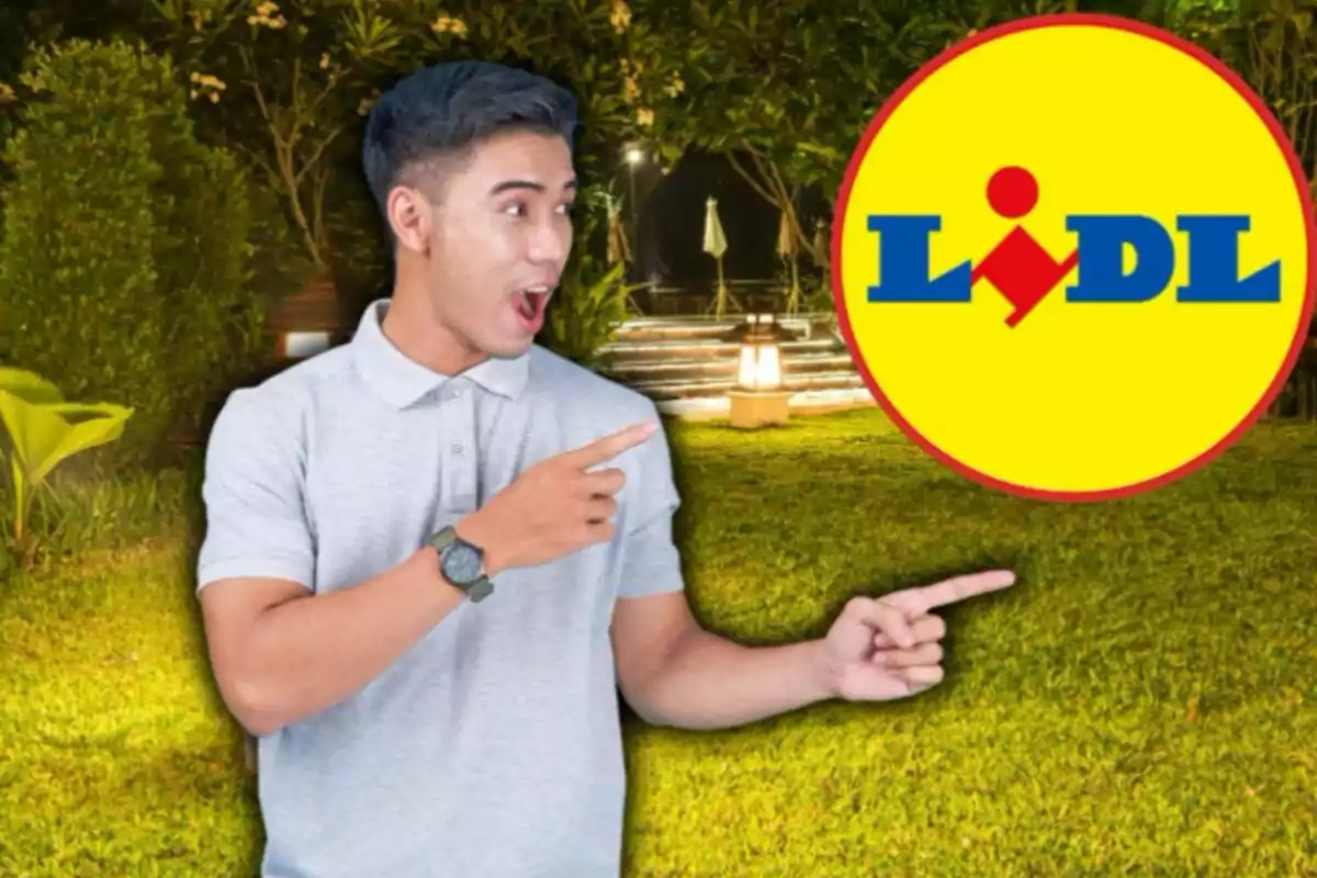 Un hombre con expresión de sorpresa señala el logotipo de Lidl en un entorno al aire libre.