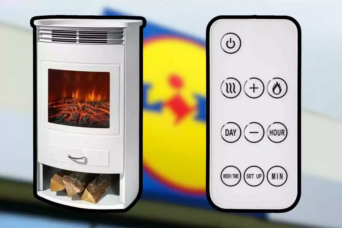 Estufa eléctrica blanca con efecto de llama y troncos en la parte inferior junto a un control remoto con varios botones de configuración y un fondo borroso de un logotipo. Estufa eléctrica blanca con efecto de llama y troncos en la parte inferior junto a un control remoto con varios botones de configuración y un fondo borroso de un logotipo.