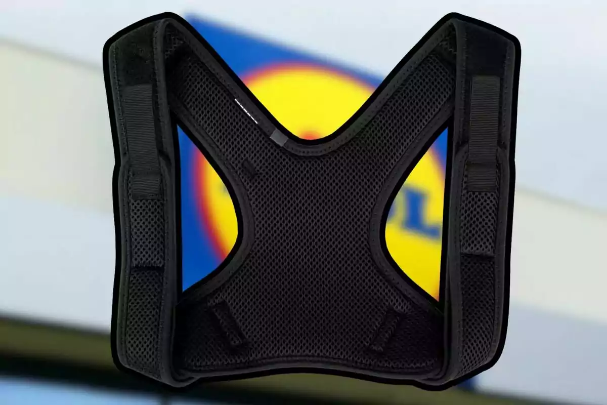 Chaleco negro de malla con fondo desenfocado de un letrero colorido. Chaleco negro de malla con fondo desenfocado de un letrero colorido.