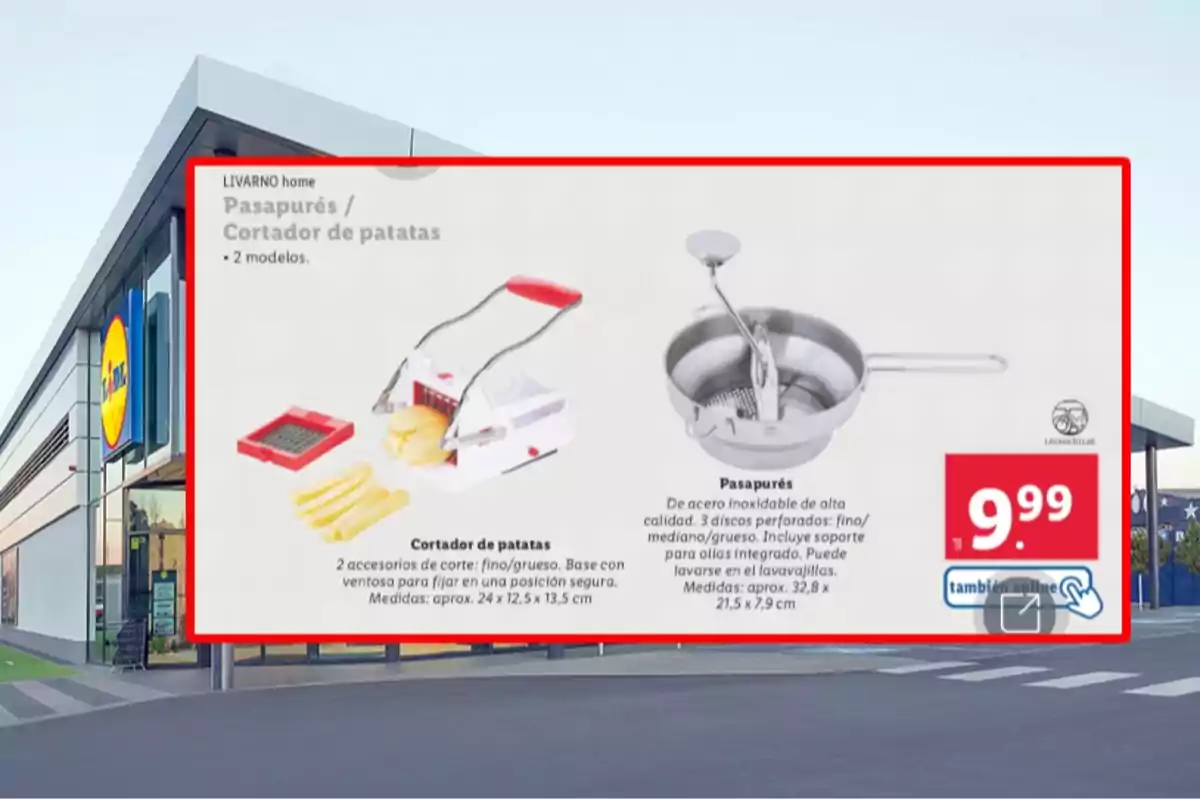 Publicidad de Lidl mostrando un cortador de patatas y un pasapurés de acero inoxidable con precio de 9,99 euros Publicidad de Lidl mostrando un cortador de patatas y un pasapurés de acero inoxidable con precio de 9,99 euros