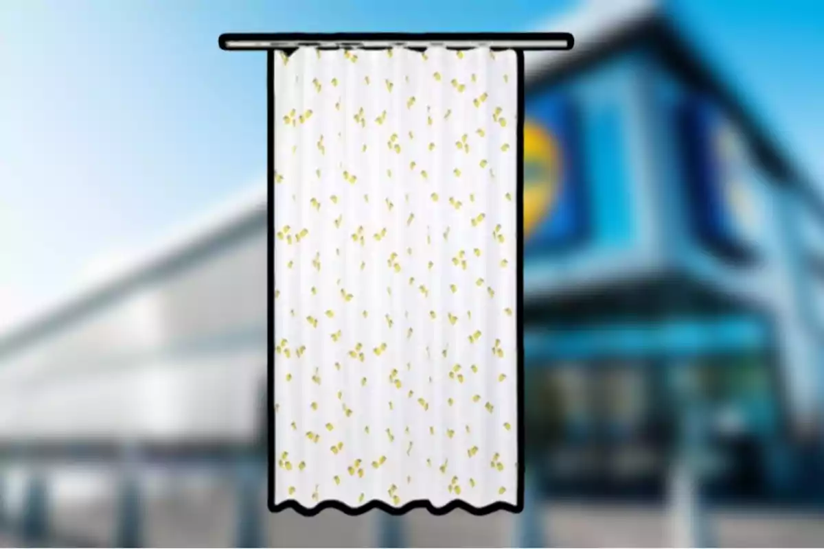 Una cortina de baño blanca con un patrón de pequeños patitos amarillos colgada frente a un fondo desenfocado de un edificio. Una cortina de baño blanca con un patrón de pequeños patitos amarillos colgada frente a un fondo desenfocado de un edificio.