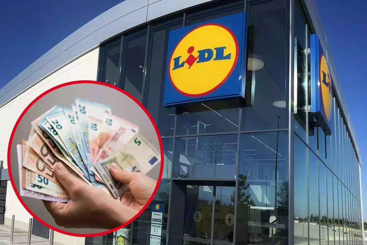 Imagen de fondo de una tienda Lidl y otra de varios billetes de euros