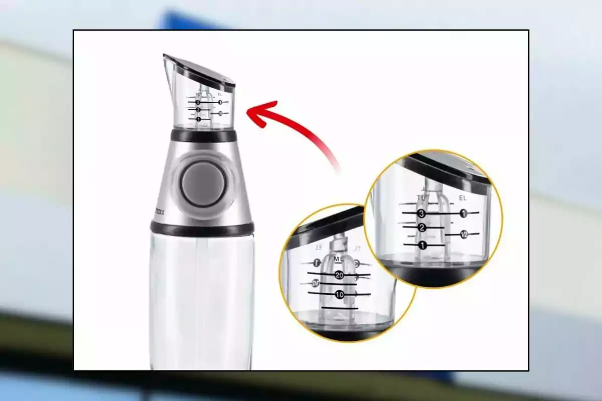 Botella dispensadora de líquidos con medidor en la parte superior y detalles ampliados de las medidas en la parte inferior. Botella dispensadora de líquidos con medidor en la parte superior y detalles ampliados de las medidas en la parte inferior.