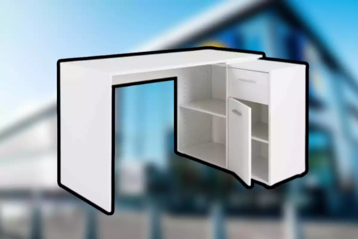 Escritorio blanco con estantes y cajón sobre un fondo desenfocado. Escritorio blanco con estantes y cajón sobre un fondo desenfocado.