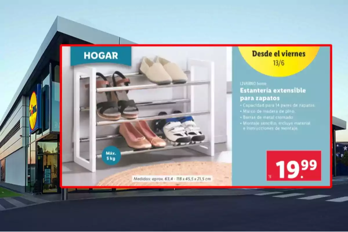 Publicidad de una estantería extensible para zapatos de la marca Livarno home en una tienda Lidl con capacidad para 14 pares, marco de madera de pino y barras de metal cromado, disponible desde el 13 de junio a un precio de 19.99 euros Publicidad de una estantería extensible para zapatos de la marca Livarno home en una tienda Lidl con capacidad para 14 pares, marco de madera de pino y barras de metal cromado, disponible desde el 13 de junio a un precio de 19.99 euros
