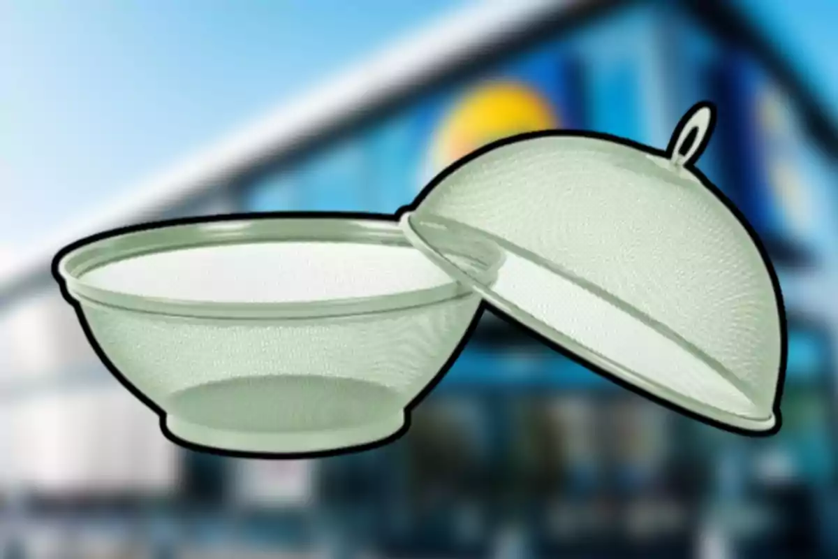 Colador de malla metálica con tapa sobre un fondo desenfocado de un edificio. Colador de malla metálica con tapa sobre un fondo desenfocado de un edificio.