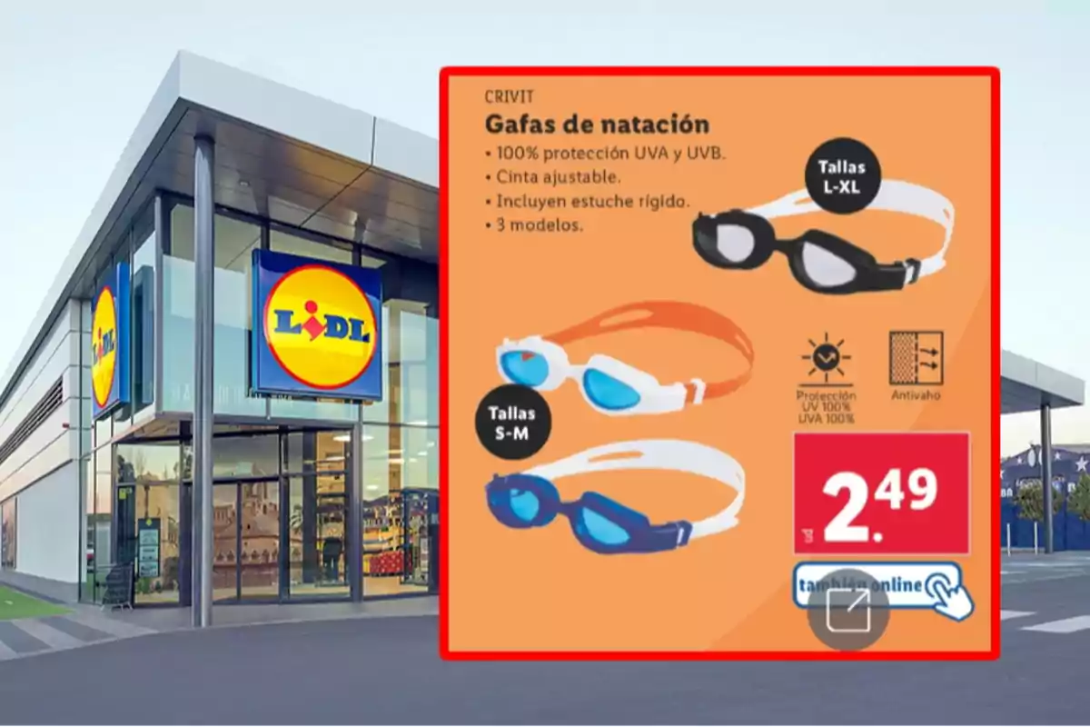 Fachada de una tienda Lidl con un anuncio de gafas de natación Crivit en diferentes colores y tallas, con protección UV y precio de 2,49 euros Fachada de una tienda Lidl con un anuncio de gafas de natación Crivit en diferentes colores y tallas, con protección UV y precio de 2,49 euros