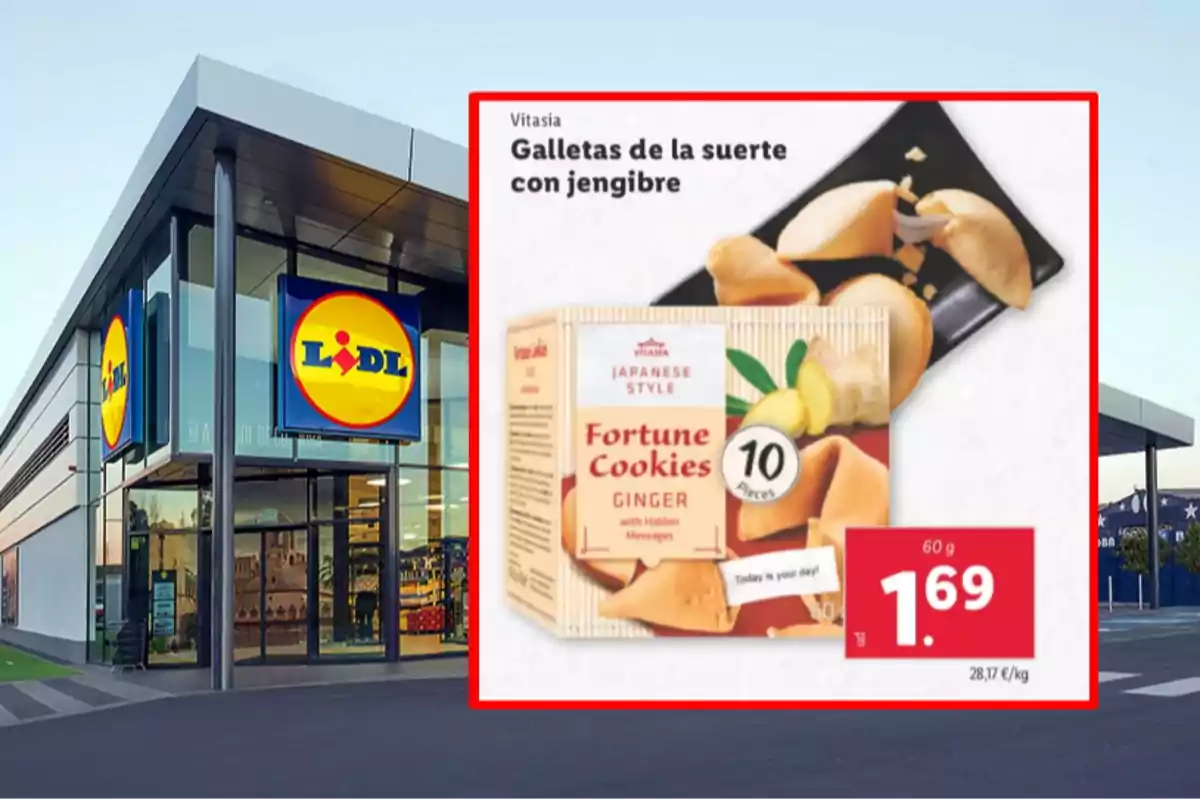 Una tienda de Lidl con un anuncio de galletas de la suerte con jengibre de la marca Vitasia, que se venden a 1,69 euros por 60 gramos. Una tienda de Lidl con un anuncio de galletas de la suerte con jengibre de la marca Vitasia, que se venden a 1,69 euros por 60 gramos.