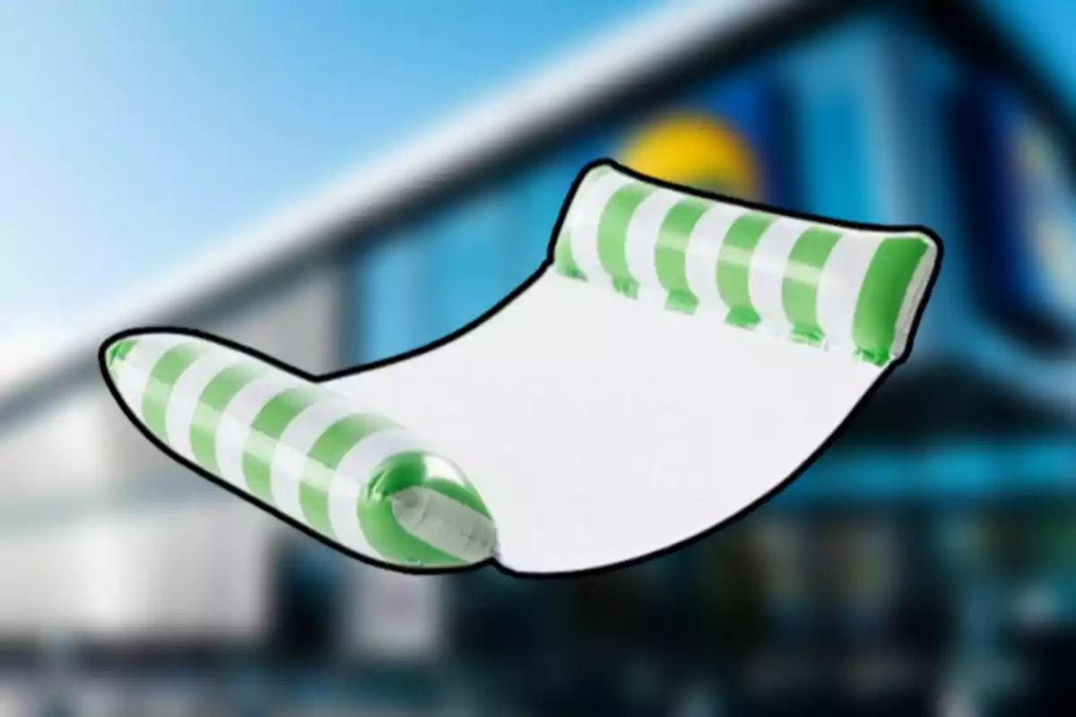 Colchoneta inflable blanca con verde sobre un fondo borroso de edificio Colchoneta inflable blanca con verde sobre un fondo borroso de edificio