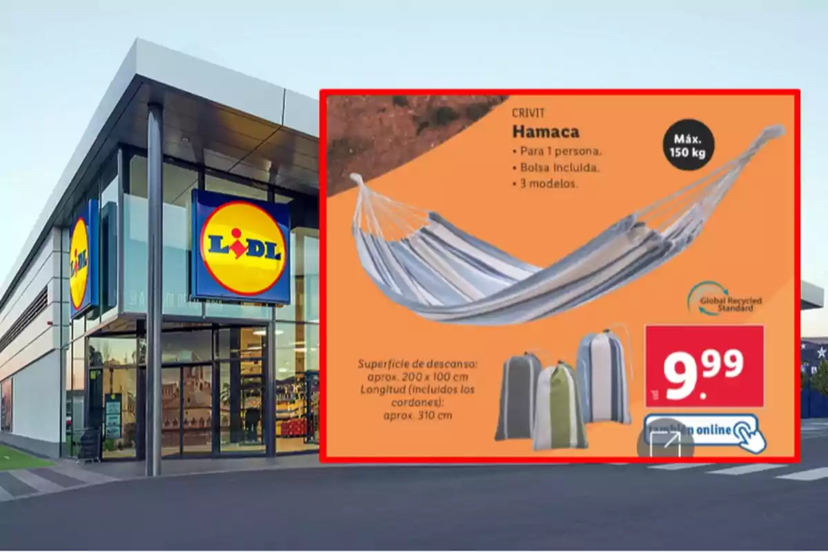 Fachada de una tienda Lidl con un anuncio de hamaca Crivit para una persona en oferta a 9.99 euros Fachada de una tienda Lidl con un anuncio de hamaca Crivit para una persona en oferta a 9.99 euros
