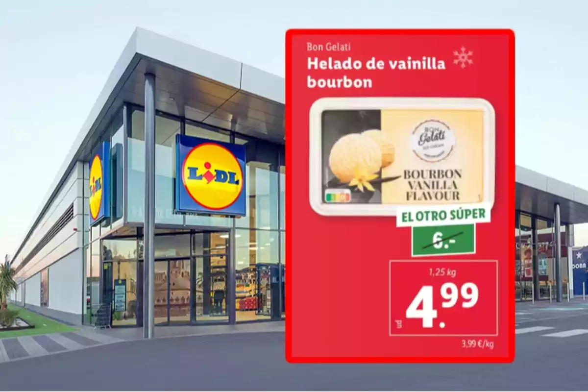Fachada de un supermercado Lidl con una promoción de helado de vainilla bourbon Bon Gelati a 4,99 euros por 1,25 kg destacada en un cartel rojo Fachada de un supermercado Lidl con una promoción de helado de vainilla bourbon Bon Gelati a 4,99 euros por 1,25 kg destacada en un cartel rojo