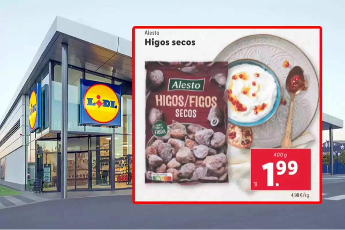 Fachada de una tienda Lidl con un anuncio de higos secos Alesto en oferta por 1,99 euros el paquete de 400 gramos junto a un plato de yogur con fruta y una cuchara Fachada de una tienda Lidl con un anuncio de higos secos Alesto en oferta por 1,99 euros el paquete de 400 gramos junto a un plato de yogur con fruta y una cuchara