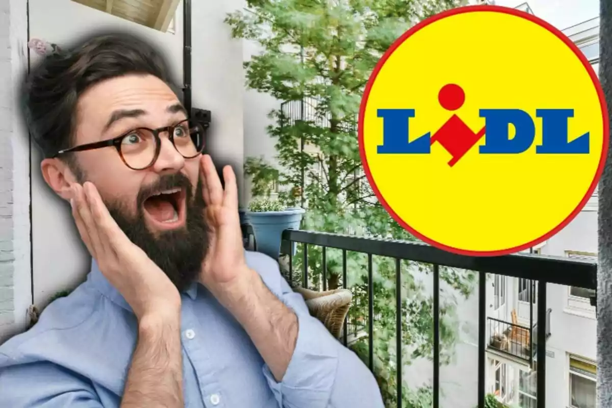Un hombre con barba y gafas parece sorprendido mientras está en un balcón, junto a un logotipo de Lidl.