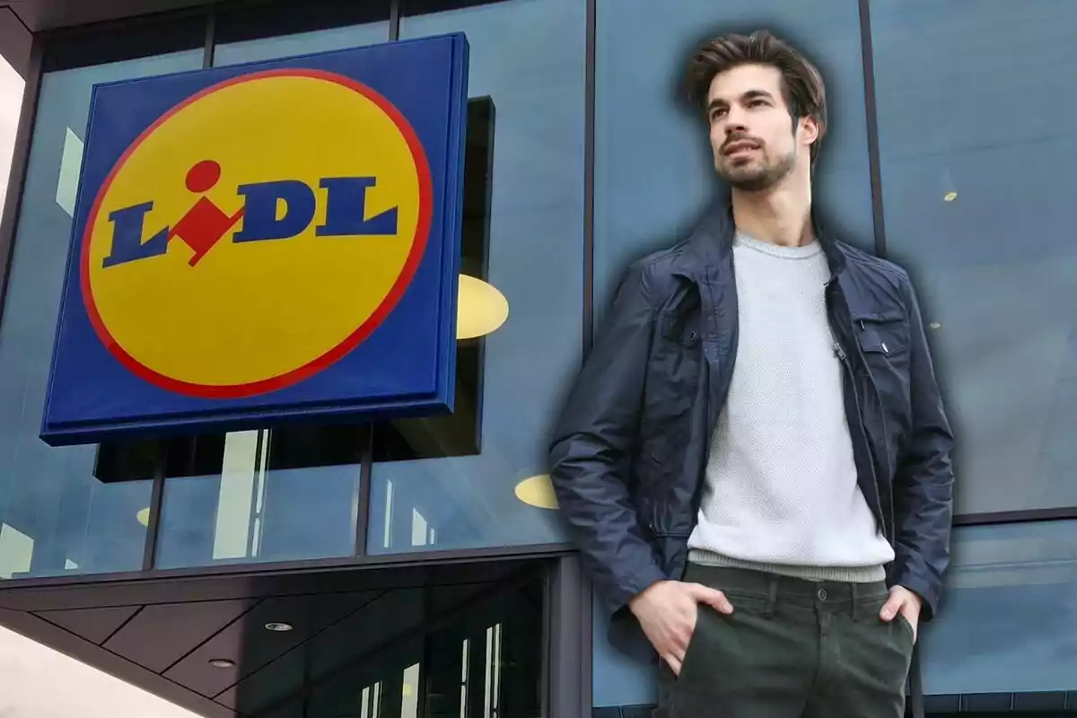 Un hombre de pie frente a una tienda Lidl con un letrero visible en el fondo.