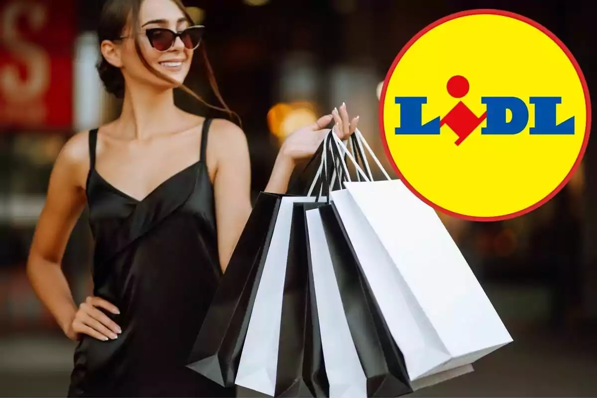 Mujer sonriente con gafas de sol sosteniendo varias bolsas de compras, con el logotipo de Lidl en la esquina superior derecha.