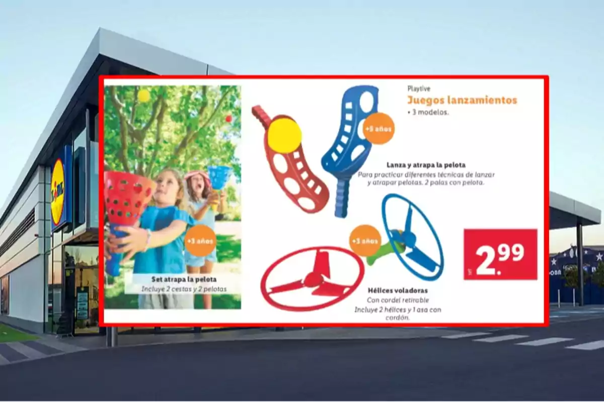 La imagen muestra un anuncio de juguetes de lanzamiento para niños mayores de 3 años, con un set de atrapa pelotas y hélices voladoras, disponible en una tienda con un precio de 2.99. La imagen muestra un anuncio de juguetes de lanzamiento para niños mayores de 3 años, con un set de atrapa pelotas y hélices voladoras, disponible en una tienda con un precio de 2.99.