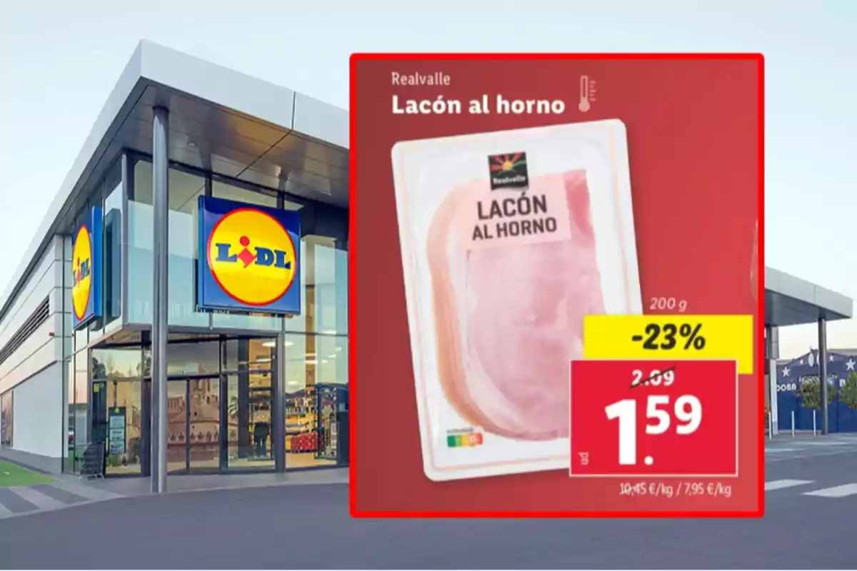 Fachada de un supermercado Lidl con un cartel promocional de lacón al horno Realvalle en oferta con un descuento del 23 por ciento y precio de 1,59 euros Fachada de un supermercado Lidl con un cartel promocional de lacón al horno Realvalle en oferta con un descuento del 23 por ciento y precio de 1,59 euros