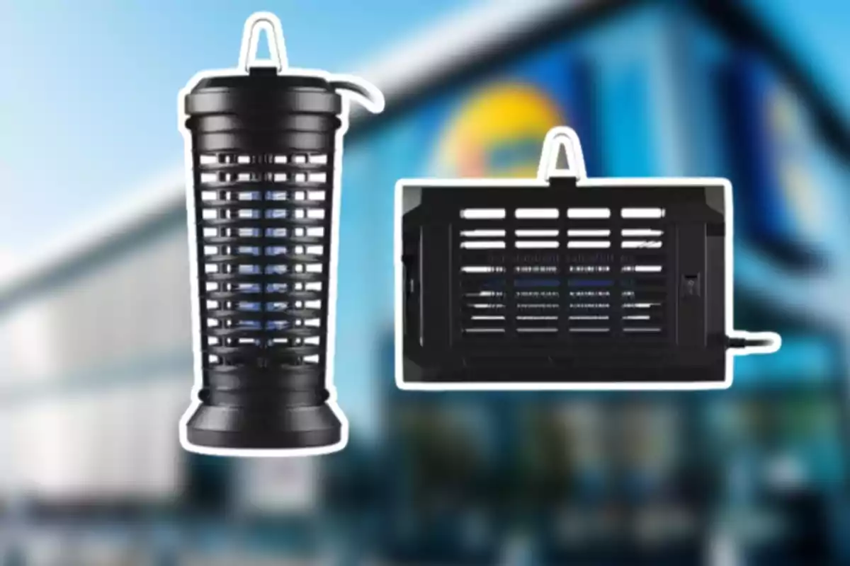 Dos vistas de un matamosquitos eléctrico de color negro con fondo desenfocado de una tienda. Dos vistas de un matamosquitos eléctrico de color negro con fondo desenfocado de una tienda.
