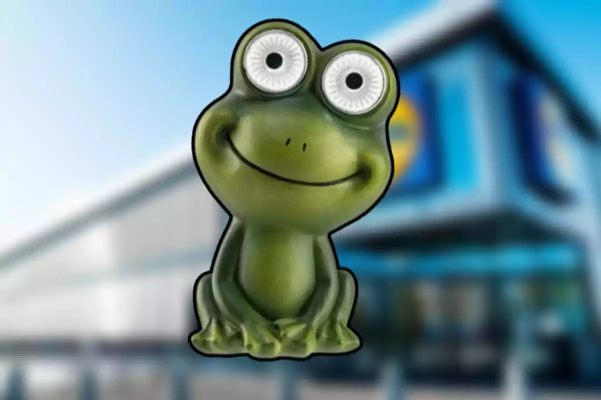 Rana de juguete sonriente con ojos grandes frente a un edificio desenfocado Rana de juguete sonriente con ojos grandes frente a un edificio desenfocado