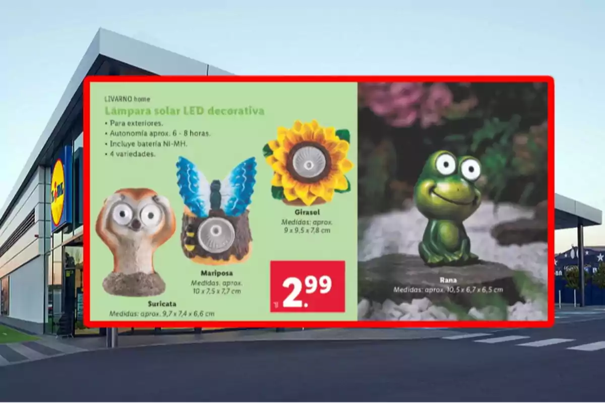 Publicidad de lámparas solares LED decorativas con figuras de suricata, mariposa, girasol y rana a un precio de 2.99 euros frente a una tienda Lidl Publicidad de lámparas solares LED decorativas con figuras de suricata, mariposa, girasol y rana a un precio de 2.99 euros frente a una tienda Lidl