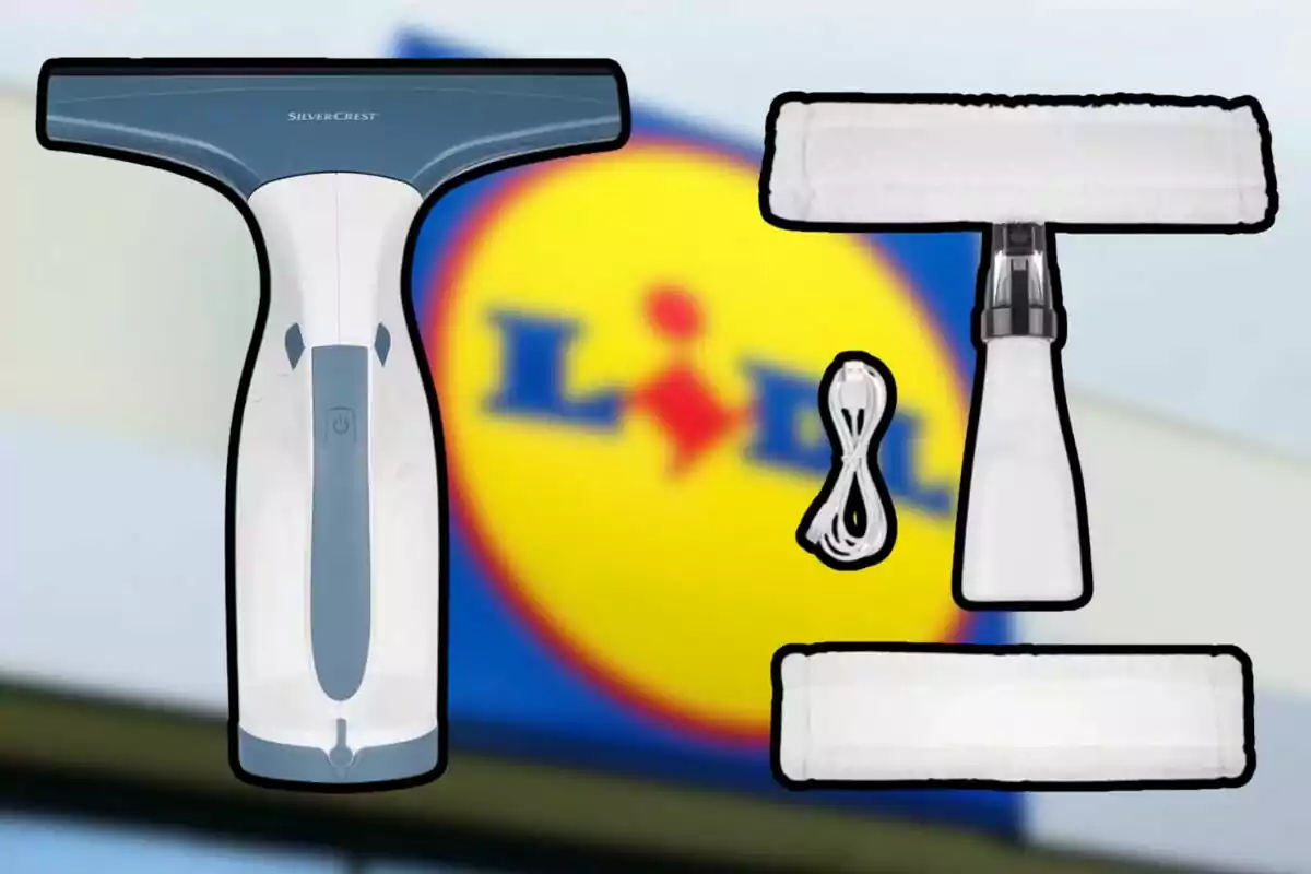 Imagen de un limpiador de ventanas SilverCrest con accesorios, con el logotipo de Lidl de fondo. Imagen de un limpiador de ventanas SilverCrest con accesorios, con el logotipo de Lidl de fondo.