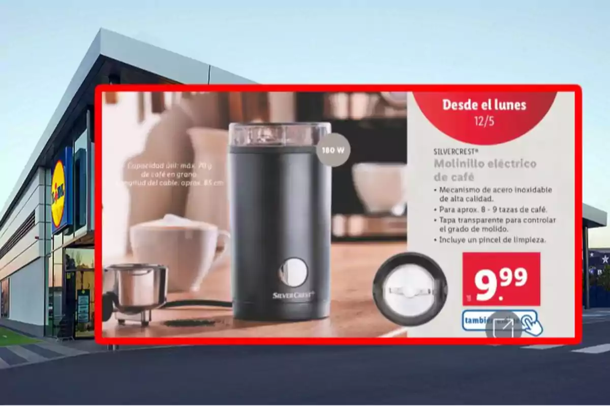 Anuncio de un molinillo eléctrico de café SilverCrest con capacidad para 70 g de café en grano, potencia de 180 W, tapa transparente y pincel de limpieza, disponible a partir del lunes 12/5 por 9,99 euros en una tienda. Anuncio de un molinillo eléctrico de café SilverCrest con capacidad para 70 g de café en grano, potencia de 180 W, tapa transparente y pincel de limpieza, disponible a partir del lunes 12/5 por 9,99 euros en una tienda.