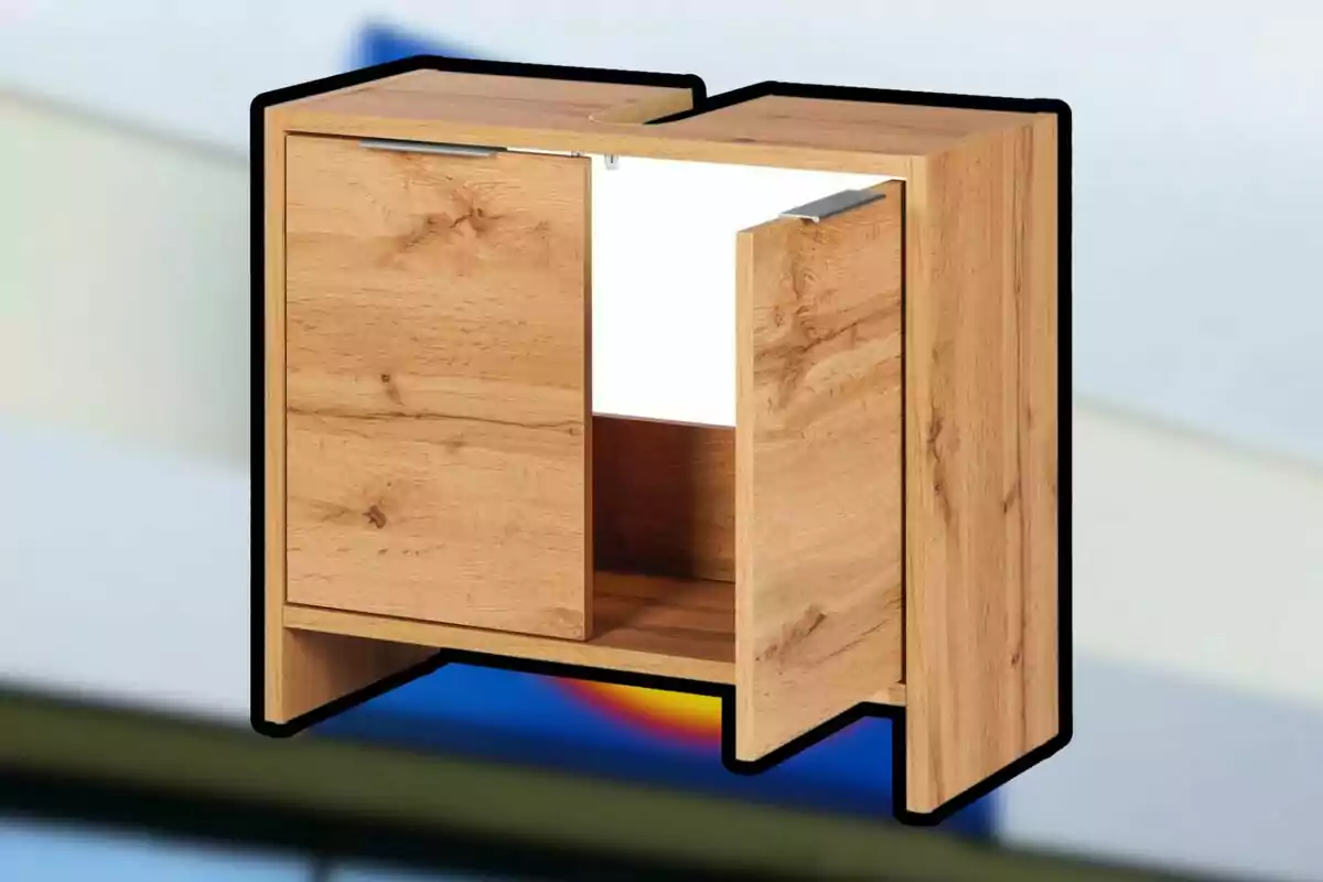 Un mueble de madera con dos puertas abiertas y un diseño moderno. Un mueble de madera con dos puertas abiertas y un diseño moderno.