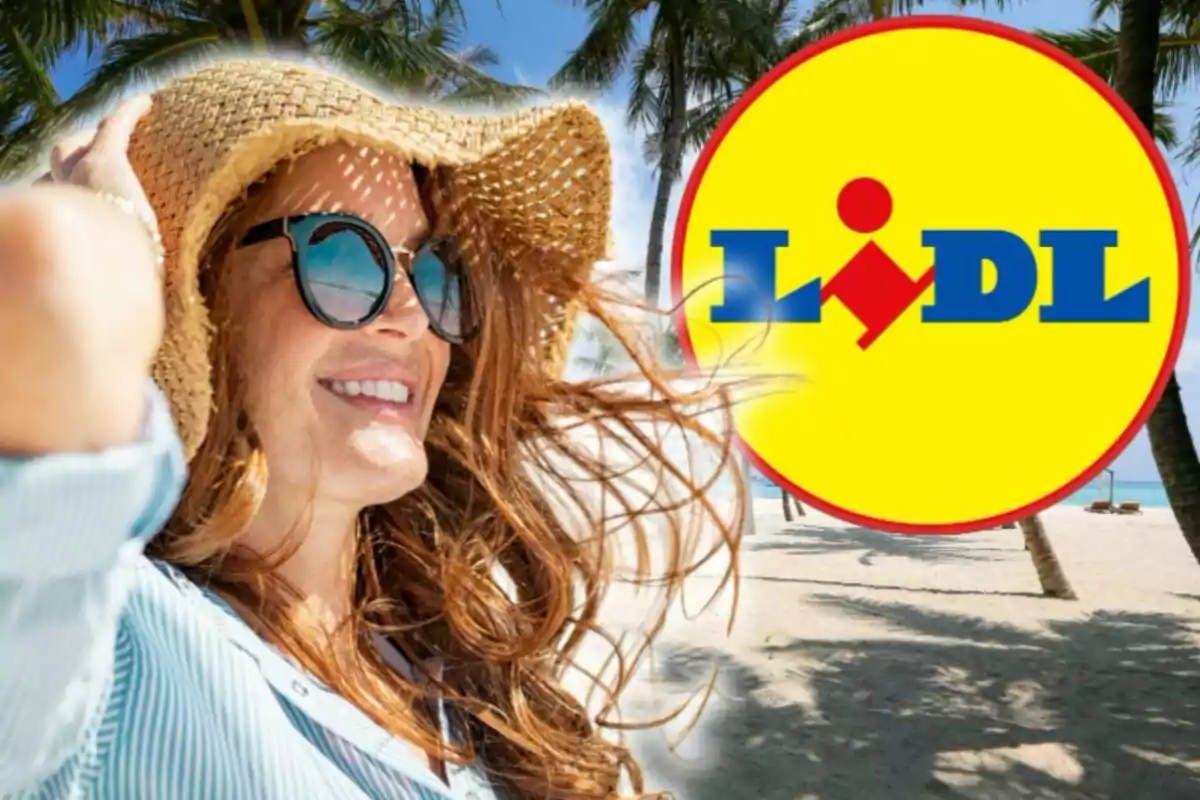 Mujer sonriente con sombrero de paja y gafas de sol en la playa con el logo de Lidl al lado.