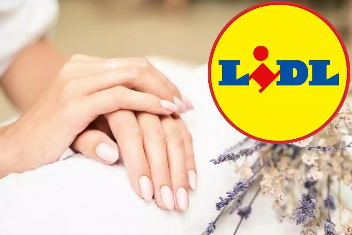 Manos con manicura sobre una toalla blanca junto a flores secas y el logotipo de Lidl.