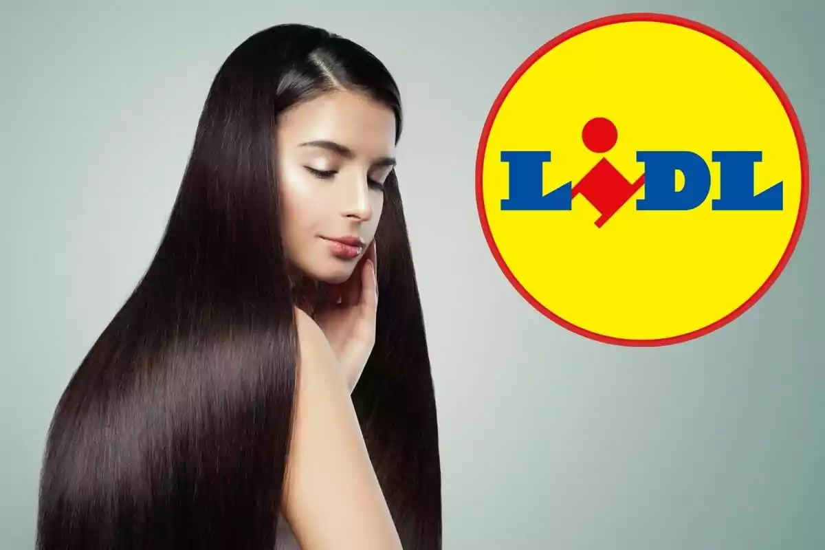 Mujer con cabello largo y liso junto al logotipo de Lidl en un fondo gris.