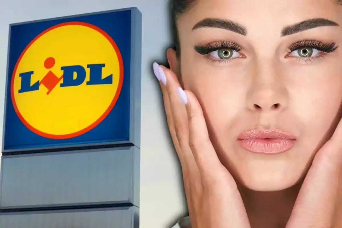 Cartel de la tienda Lidl junto al rostro de una mujer con maquillaje y las manos en la cara Cartel de la tienda Lidl junto al rostro de una mujer con maquillaje y las manos en la cara