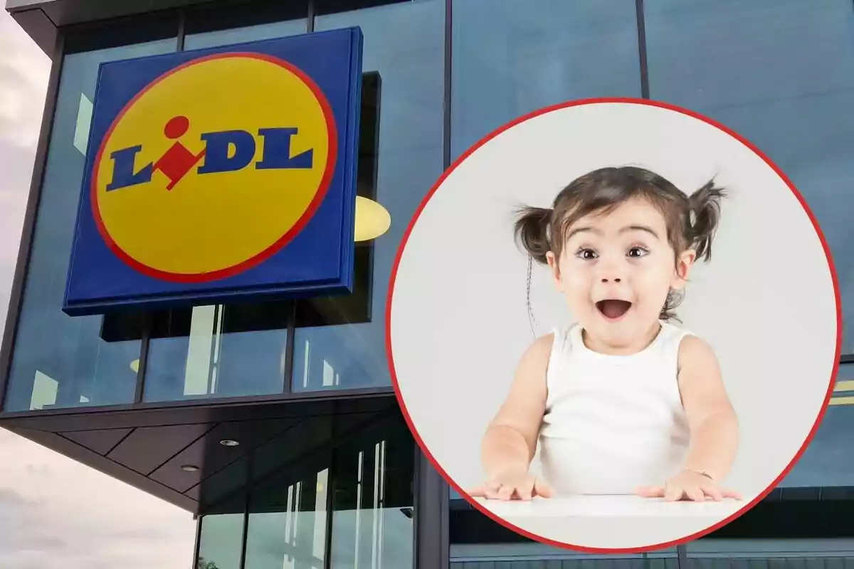 Un letrero de Lidl en un edificio con la imagen de un niño pequeño sorprendido en un círculo rojo superpuesto.