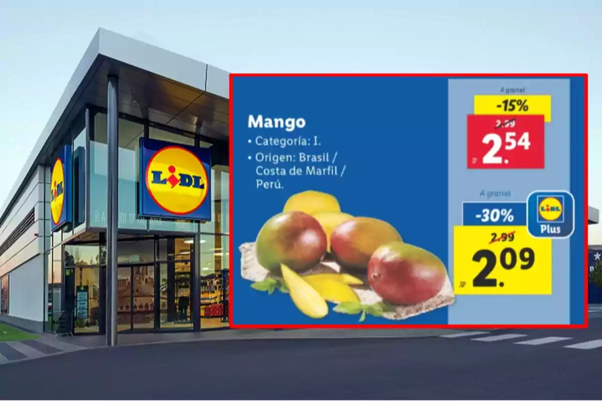 Fachada de un supermercado Lidl con un cartel promocional de mangos que muestra descuentos y precios especiales Fachada de un supermercado Lidl con un cartel promocional de mangos que muestra descuentos y precios especiales
