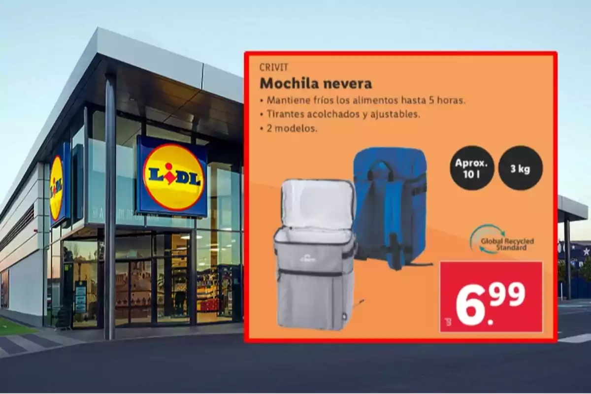 Fachada de una tienda Lidl con un anuncio de mochila nevera Crivit en oferta por 6,99 euros que mantiene fríos los alimentos hasta 5 horas y tiene capacidad de 10 litros y peso de 3 kg Fachada de una tienda Lidl con un anuncio de mochila nevera Crivit en oferta por 6,99 euros que mantiene fríos los alimentos hasta 5 horas y tiene capacidad de 10 litros y peso de 3 kg