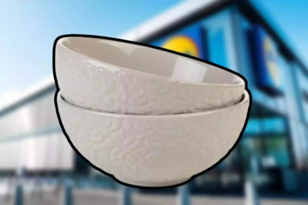 Dos tazones de cerámica blanca con diseño en relieve, apilados uno sobre otro, con un fondo desenfocado de un edificio moderno. Dos tazones de cerámica blanca con diseño en relieve, apilados uno sobre otro, con un fondo desenfocado de un edificio moderno.