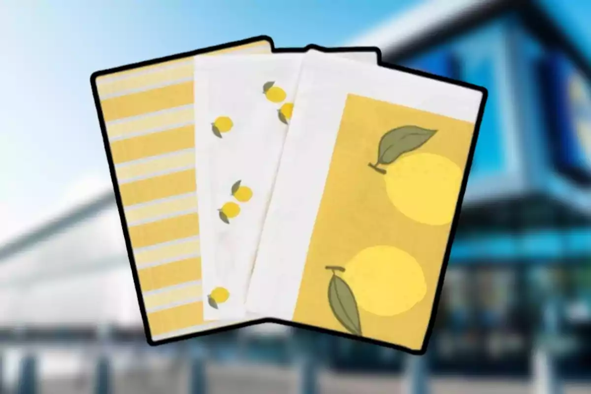 Tres paños de cocina con diseños de limones y rayas amarillas sobre un fondo desenfocado de un edificio moderno. Tres paños de cocina con diseños de limones y rayas amarillas sobre un fondo desenfocado de un edificio moderno.