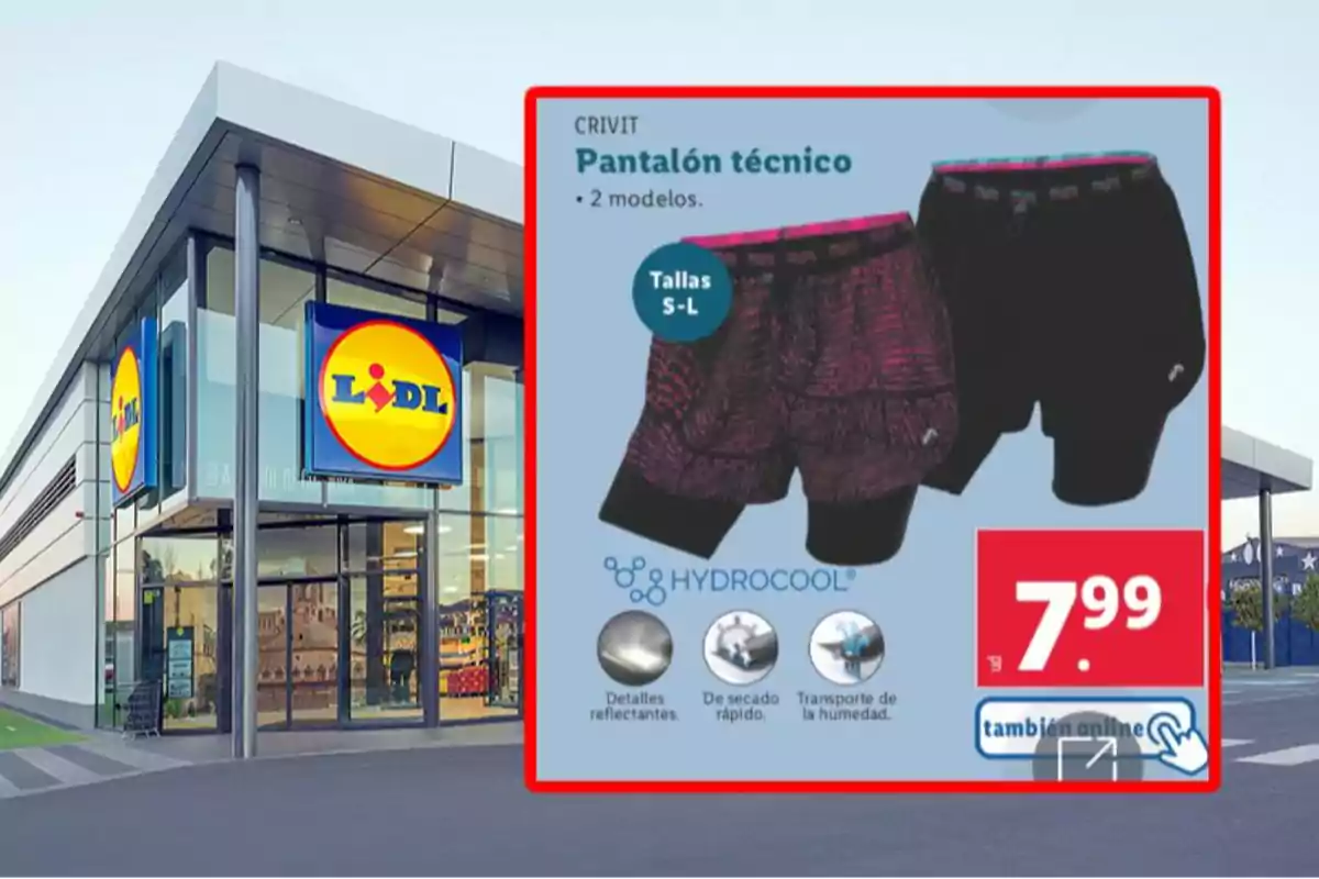 Imagen de una tienda Lidl con un cartel promocional de pantalones técnicos Crivit en dos modelos, disponibles en tallas S a L, con características como detalles reflectantes, secado rápido y transporte de humedad, a un precio de 7.99 euros. Imagen de una tienda Lidl con un cartel promocional de pantalones técnicos Crivit en dos modelos, disponibles en tallas S a L, con características como detalles reflectantes, secado rápido y transporte de humedad, a un precio de 7.99 euros.