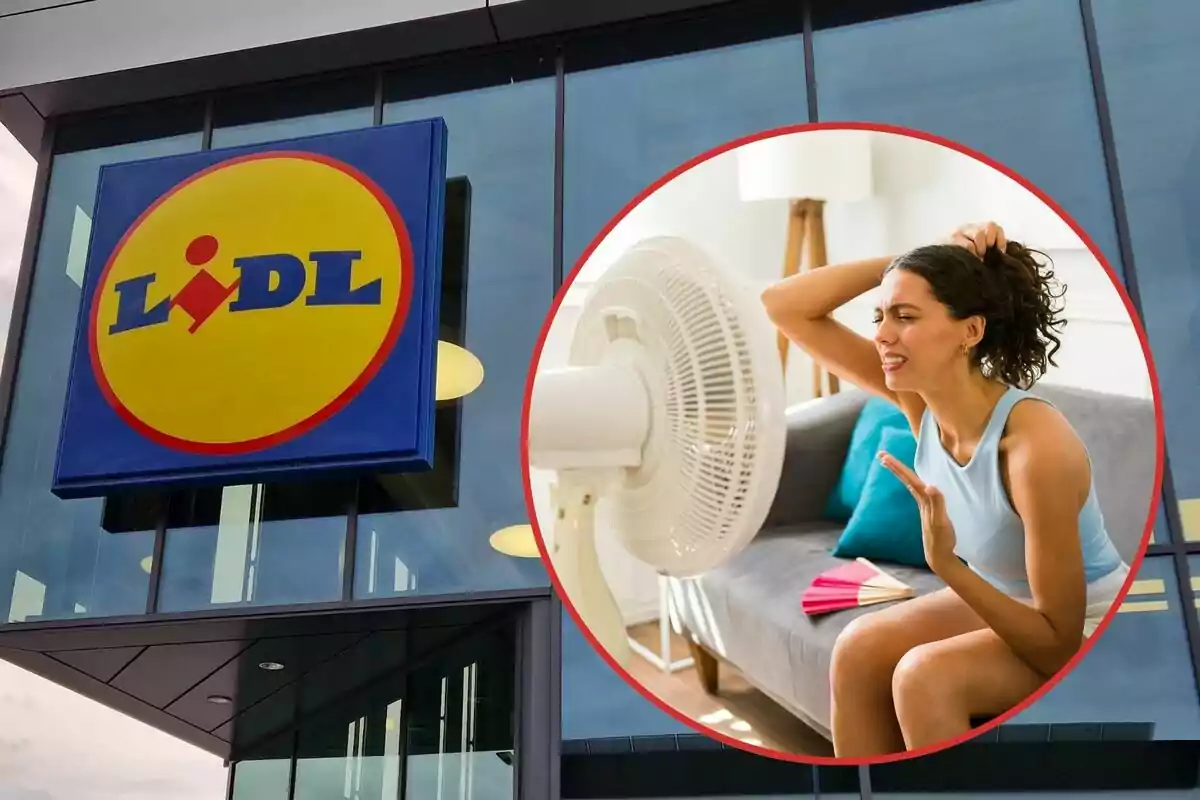 Logotipo de Lidl en la fachada de una tienda y una mujer sentada frente a un ventilador en una sala de estar.