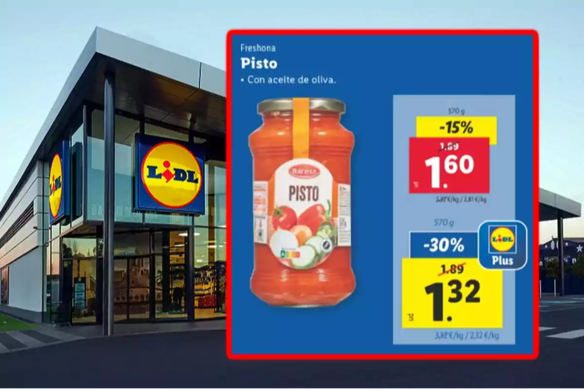 Promoción de pisto Freshona con aceite de oliva en Lidl, mostrando un descuento del 15% y un precio de 1,60 euros, con una oferta adicional del 30% para usuarios de Lidl Plus, reduciendo el precio a 1,32 euros. Promoción de pisto Freshona con aceite de oliva en Lidl, mostrando un descuento del 15% y un precio de 1,60 euros, con una oferta adicional del 30% para usuarios de Lidl Plus, reduciendo el precio a 1,32 euros.