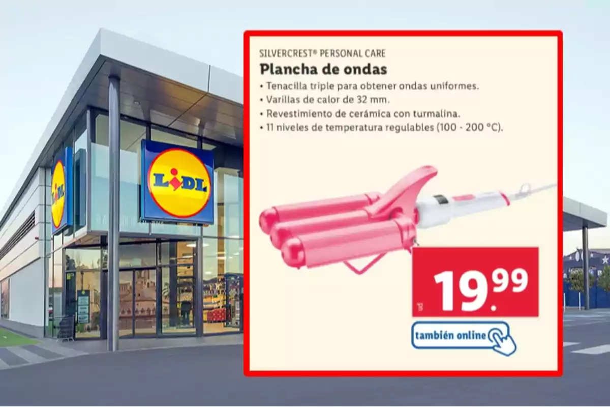 Fachada de una tienda Lidl con un anuncio de una plancha de ondas para el cabello de la marca Silvercrest, destacando su precio de 19,99 euros y la opción de compra online Fachada de una tienda Lidl con un anuncio de una plancha de ondas para el cabello de la marca Silvercrest, destacando su precio de 19,99 euros y la opción de compra online