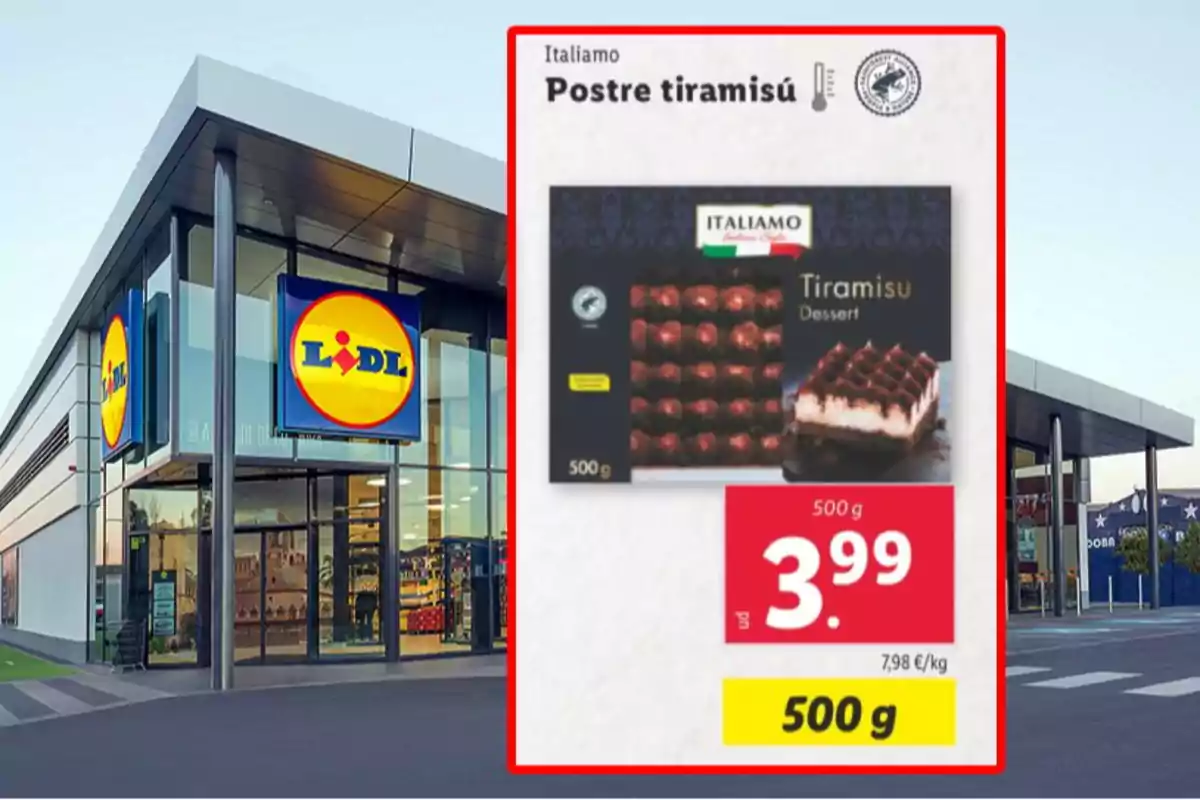 Fachada de una tienda Lidl con un cartel promocional de postre tiramisú de la marca Italiamo, que muestra el precio y el peso del producto. Fachada de una tienda Lidl con un cartel promocional de postre tiramisú de la marca Italiamo, que muestra el precio y el peso del producto.