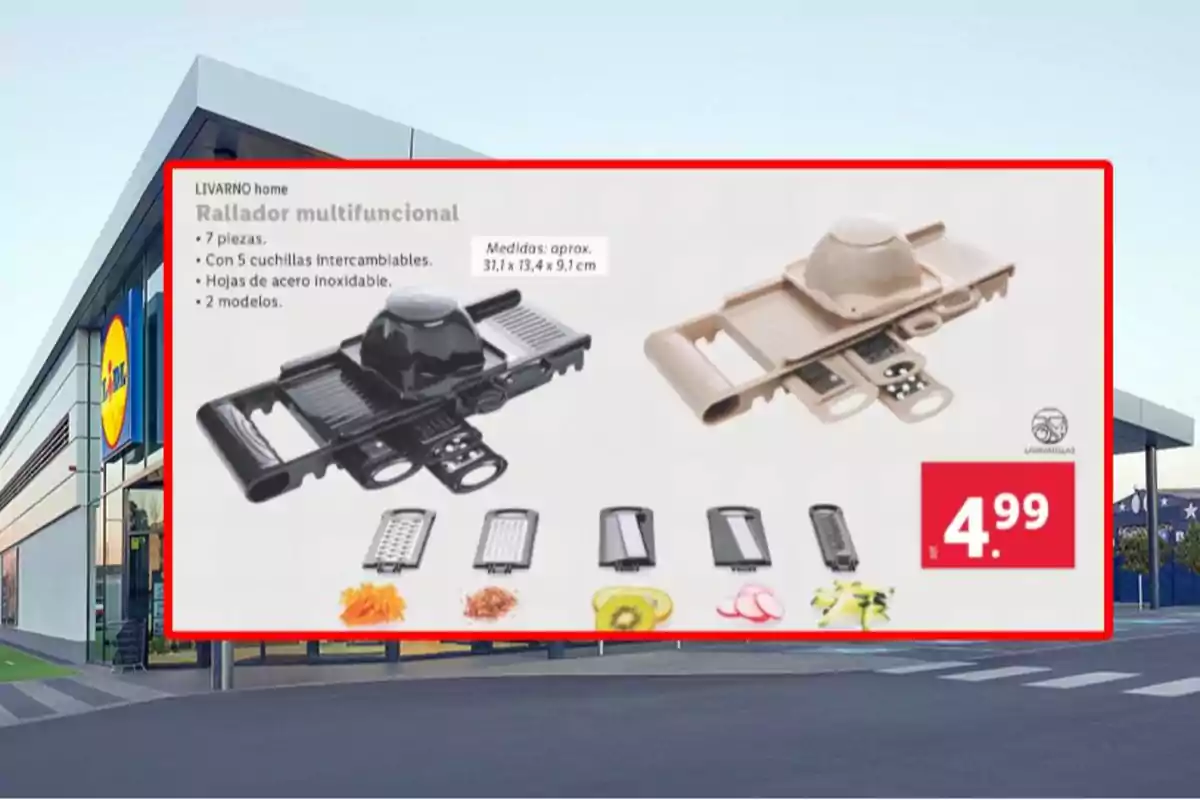 Imagen de un rallador multifuncional de la marca LIVARNO home con 7 piezas y 5 cuchillas intercambiables de acero inoxidable disponible en dos modelos a un precio de 4.99 euros en una tienda Lidl. Imagen de un rallador multifuncional de la marca LIVARNO home con 7 piezas y 5 cuchillas intercambiables de acero inoxidable disponible en dos modelos a un precio de 4.99 euros en una tienda Lidl.
