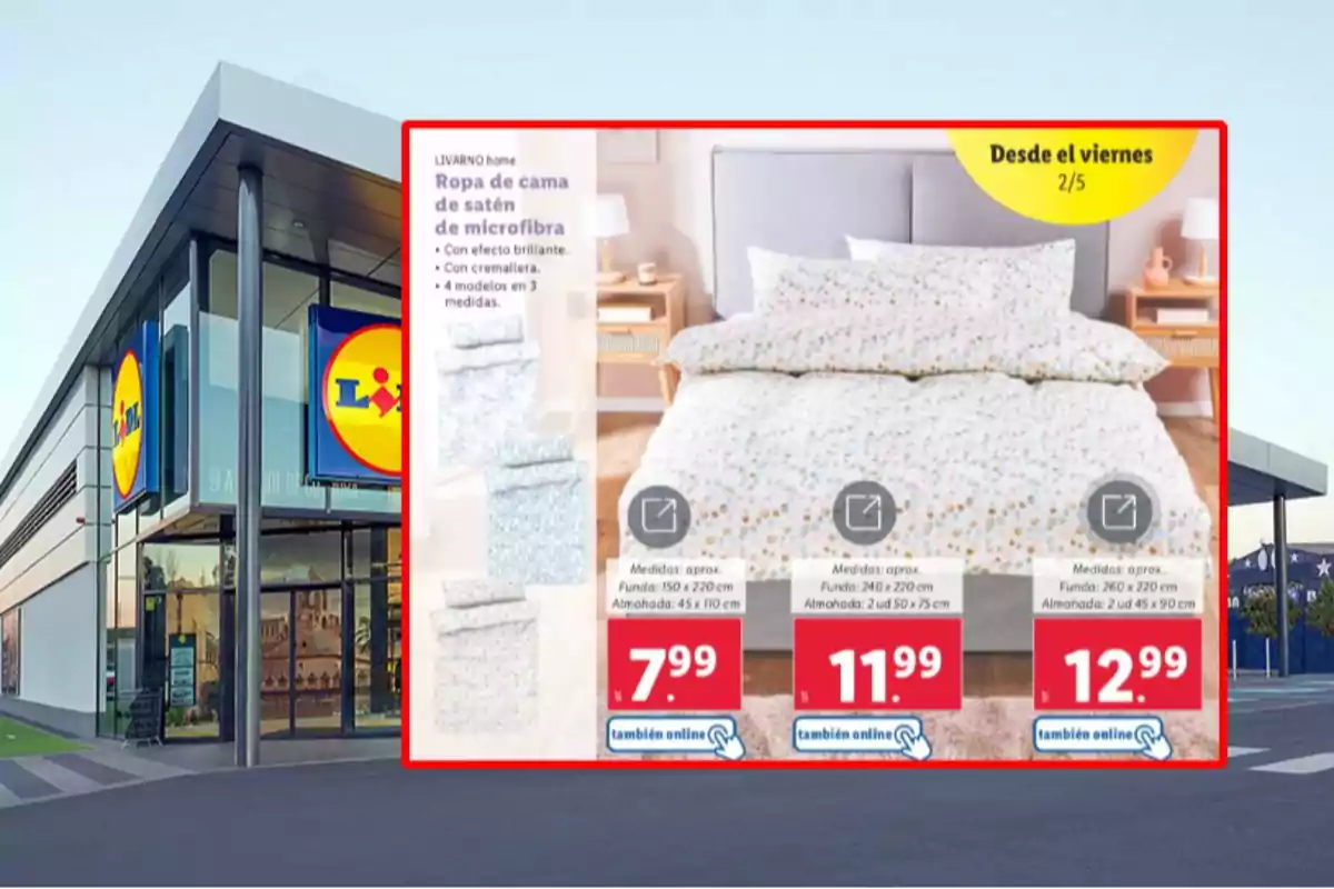 Promoción de ropa de cama de satén de microfibra en una tienda Lidl, destacando diferentes modelos y precios disponibles para compra online. Promoción de ropa de cama de satén de microfibra en una tienda Lidl, destacando diferentes modelos y precios disponibles para compra online.
