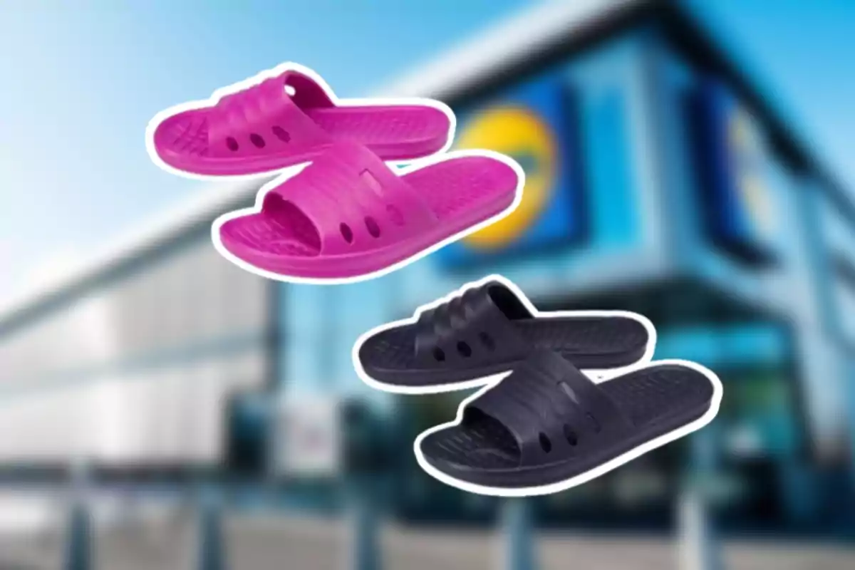 Dos pares de sandalias de plástico, una en color rosa y otra en color negro, flotan frente a un edificio desenfocado Dos pares de sandalias de plástico, una en color rosa y otra en color negro, flotan frente a un edificio desenfocado