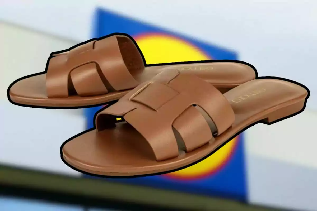 Un par de sandalias marrones de cuero con diseño entrelazado, con un fondo desenfocado que muestra un logotipo colorido. Un par de sandalias marrones de cuero con diseño entrelazado, con un fondo desenfocado que muestra un logotipo colorido.